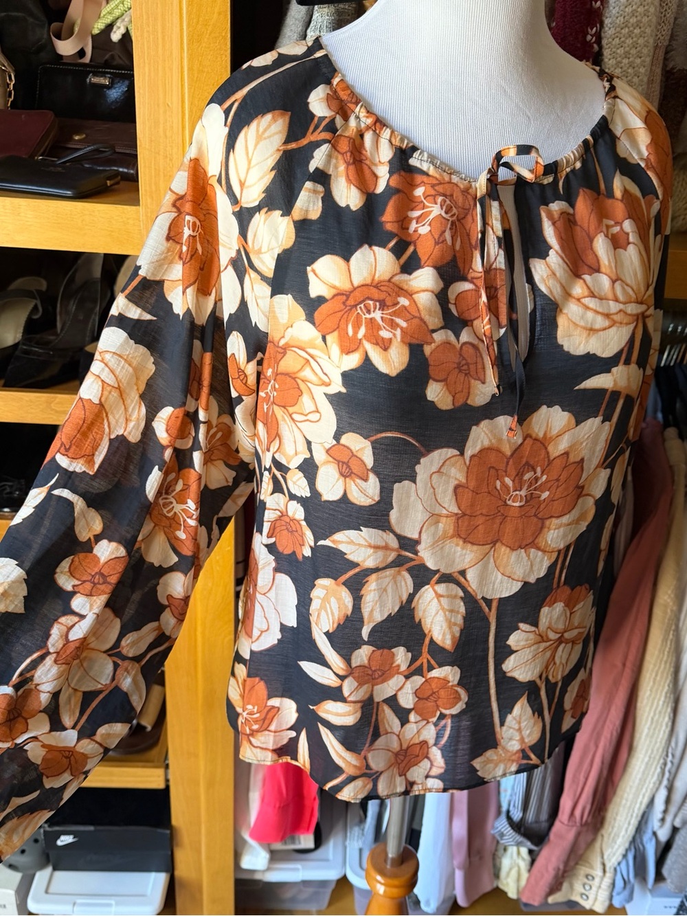 EXPRESS Woman’s Floral Tie-Neck Blouse - Orange Floral on Black